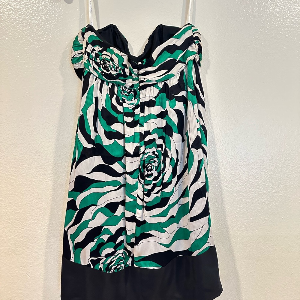 Green and black floral strapless dress